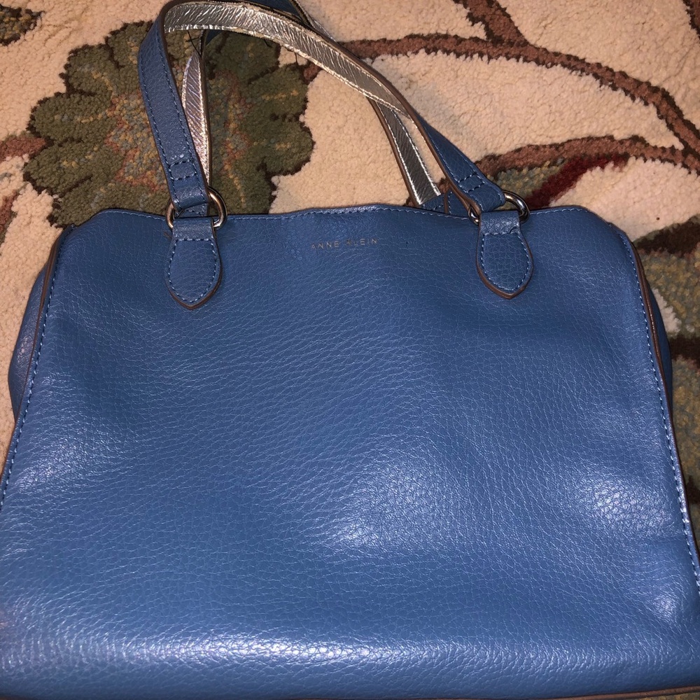 Anne Klein Blue Leather Shoulder Tote with Silver Handles